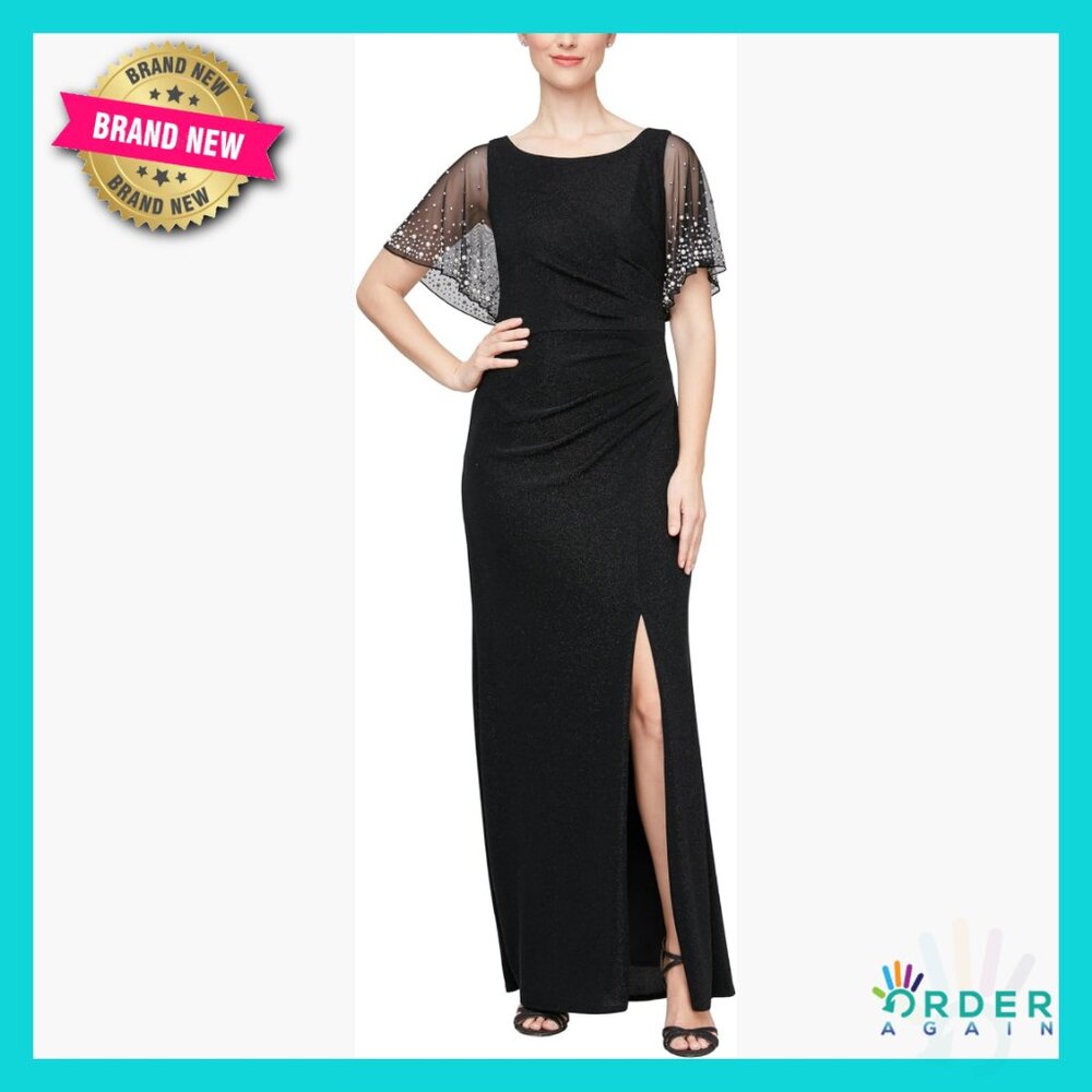 Long Metallic Ruched Flutter Sleeve Formal Gown Elegant Sheath Dress